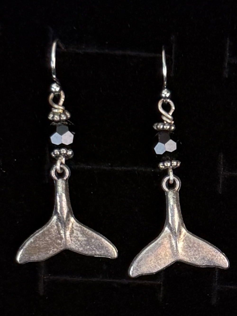 Vintage Black Aged Silvertone Whale Tail Pierced Earrings